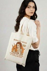 Sacosa de Panza pentru Cumparaturi, Geanta Tote, model Born to read Forced to grind 38 x 34.5 cm, Alba, BEKZ®