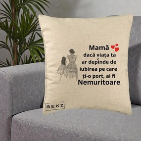 Cadou pentru Mama - Perna Personalizata Mama Nemuritoare Line Art, 40x40 cm, Bej, Husa Detasabila, Perna Inclusa, BEKZ®