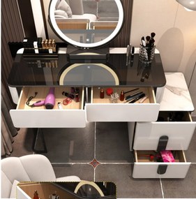 RESIGILAT Set Rochelle, Masă de toaletă pentru machiaj cu oglindă iluminată LED, control touch, 4 sertare, comoda, scaun, Alb/Auriu,