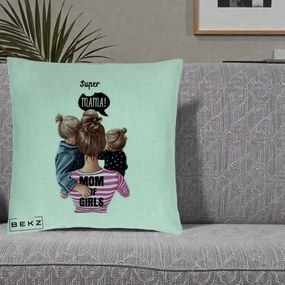 Cadou pentru Mama - Perna Personalizata Super Mama Mom of Girls, 40x40 cm, Verde Menta, Husa Detasabila, Perna Inclusa, BEKZ®