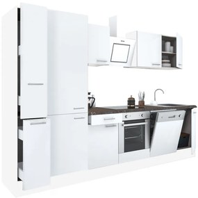 Mobilă de bucătărie Yorki 310, corp alb, față alb satinat, element inferior cuptor, dulap raft