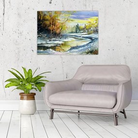 Tablou pe sticlă - Râu de iarnă, pictură în ulei (70x50 cm)