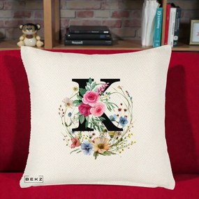 Cadou Personalizat - Perna Personalizata Monogram Litera K cu Flori Acuarela, 40x40 cm, Crem Reliefat, Husa Detasabila, Perna Inclusa, BEKZ®