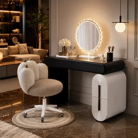 Set AURA LUXE – Masă de Toaletă pentru Machiaj, Oglindă iluminată LED, Control touch, Trei tipuri culoare, Scaun, 100 cm, Negru/Bej