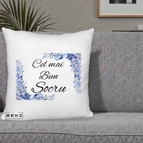 Cadou pentru Socru - Perna Personalizata Cel mai Bun Socru cu Flori Albastre Acuarela, 40x40 cm, Alb Pufos, Husa Detasabila, Perna Inclusa, BEKZ®