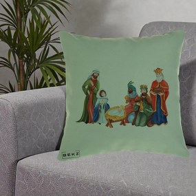 Perna Decorativa Nasterea Domnului Cei Trei Magi Acuarela, 40x40 cm, Verde, Husa Detasabila, Perna Inclusa, BEKZ®