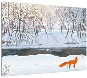 Tablou pe sticlă - Vulpe în peisaj de iarnă (70x50 cm)