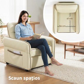 HOMCOM Fotoliu de Living cu Tapițerie Groasă, Șezut Generos, Spumă cu Densitate Mare, Fotoliu pentru Dormitor cu Brațe și Buzunare Laterale, Piele PU pentru Living sau Birou, Bej | Aosom Romania