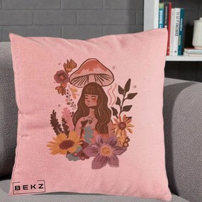 Perna Decorativa Fata Ciuperca Boho Florala, 40x40 cm, Roz, Husa Detasabila, Perna Inclusa, BEKZ®