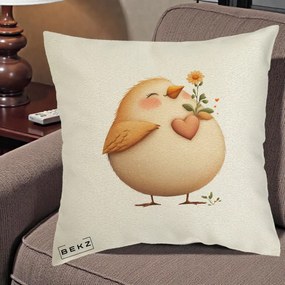 Perna Decorativa Pui cu Inima si Floarea-Soarelui, 40x40 cm, Ecru, Husa Detasabila, Perna Inclusa, BEKZ®