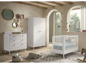 Set Complet Mobilier Cameră Bebelus Forrest Beech, din Lemn Masiv de Fag, Alb: Pătuț (60x120 cm), Comodă cu 3 Sertare, Suport de Înfășat și Dulap cu