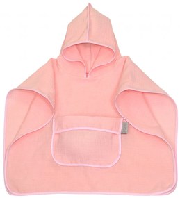 Prosop din bumbac muselina cu gluga si buzunar pentru bebelusi si copii, Poncho, Rose, 60x65 cm