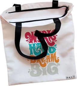 Sacosa de Panza pentru Cumparaturi, Geanta Tote, model Work Hard Dream Big, Cu fermoar, 38x34.5 cm, Alba, BEKZ®