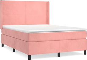 vidaXL Pat box spring cu saltea, roz, 140x200 cm, catifea
