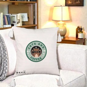 Perna Personalizata Cats and Coffee Starbucks, 40x40 cm, Bej cu Franjuri, Husa Detasabila, Perna Inclusa, BEKZ®