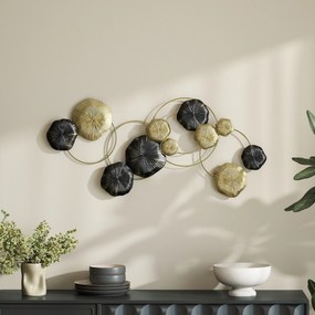 HOMCOM Decorațiune de perete din metal în formă de frunză de lotus, design unic cu discuri multiple, 84 x 35 cm, auriu și negru | Aosom Romania