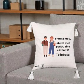 Cadou pentru Frate - Perna Personalizata Fratele Meu Te Iubesc Elevi Ilustratie Colorata, 40x40 cm, Bej cu Franjuri, Husa Detasabila, Perna Inclusa, BEKZ®
