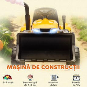 AIYAPLAY Excavator Electric pentru Copii 12V cu Cupă și Remorcă Detașabilă, Tractor Electric de Călărit cu 2 Motoare, Telecomandă, Conexiune Wireless, USB, Lumini și Muzică, 3-8 Ani, Galben | Aosom Romania