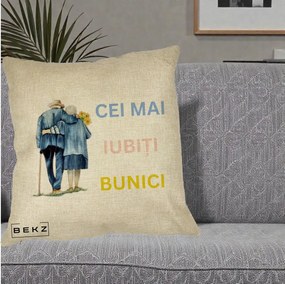 Cadou pentru Bunici - Perna Personalizata Cei Mai Iubiti Bunici Acuarela Spate, 40x40 cm, Crem, Husa Detasabila, Perna Inclusa, BEKZ®
