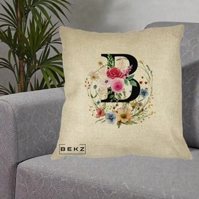 Cadou Personalizat - Perna Personalizata Monogram Litera B cu Flori Acuarela, 40x40 cm, Crem, Husa Detasabila, Perna Inclusa, BEKZ®