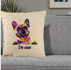 Perna Personalizata Bulldog Francez I'm Cool, 40x40 cm, Bej, Husa Detasabila, Perna Inclusa, BEKZ®