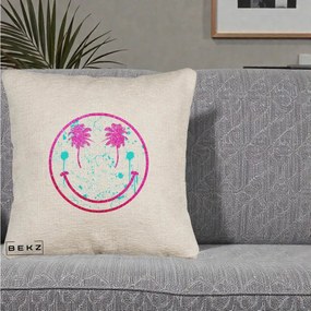 Perna Decorativa Smiley Face Tropical Glitter Roz, 40x40 cm, Bej Canapea, Husa Detasabila, Perna Inclusa, BEKZ®