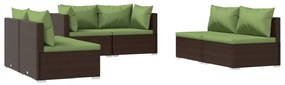 Set mobilier de gradina cu perne, 6 piese, maro, poliratan maro si verde, 4x mijloc + 2x colt, 1