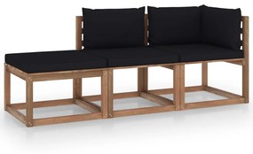 Set mobilier gradina paleti, cu perne, 3 piese, lemn pin tratat Negru, colt + mijloc + suport pentru picioare, 1