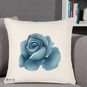 Perna Decorativa Trandafir Albastru Acuarela, 40x40 cm, Crem Reliefat, Husa Detasabila, Perna Inclusa, BEKZ®