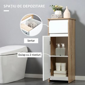 kleankin Dulap de Baie, Comodă cu 2 Niveluri și 1 Sertar din MDF, 32.6x30x90 cm, Lemn natural+Alb | Aosom Romania