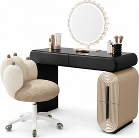 Set AURA LUXE WF606 – Masă de Toaletă pentru Machiaj, Oglindă iluminată LED, Control touch, Trei tipuri culoare, Scaun, 100 cm, Negru/Bej