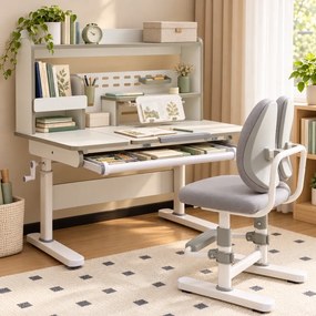 Set birou și scaun ergonomic pentru copii, înălțime reglabilă, blat înclinabil, spătar dublu adaptiv, rafturi și sertar organizator, 100 × 60 cm, gr
