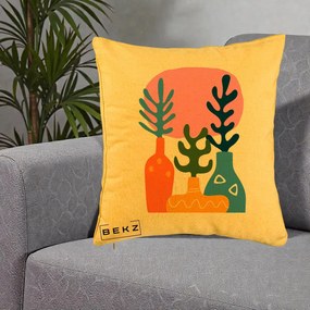 Perna Decorativa Vaze Botanice Abstract, 40x40 cm, Galben, Husa Detasabila, Perna Inclusa, BEKZ®