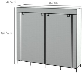 HOMCOM Dulap Portabil din Material Textil și Oțel, Garderobă cu 10 Rafturi, 4 Sertare și 2 Bare, 166x42,5x169,5 cm, Gri | Aosom Romania