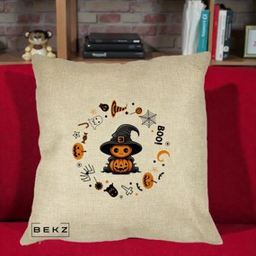 Perna Decorativa Halloween Dovleac Vrajitor Boo cu Simboluri, 40x40 cm, Crem, Husa Detasabila, Perna Inclusa, BEKZ®