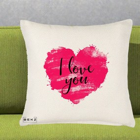 Cadou Romantic - Perna Personalizata I Love You Inima Roz, 40x40 cm, Crem Reliefat, Husa Detasabila, Perna Inclusa, BEKZ®