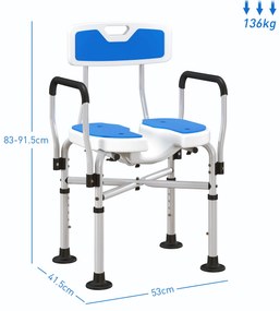 HOMCOM Scaun de Duș cu Spătar, Brațe, Șezut Canelatat, Bare de Ranforsare și Înălțime Reglabilă, 53x41,5x78,5-91,5 cm, Albastru | Aosom Romania