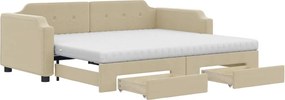 vidaXL Pat de zi cu extensie și sertare, crem, 100x200 cm, textil