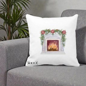 Perna Decorativa Semineu de Craciun Watercolor, 40x40 cm, Alba Mata, Husa Detasabila, Perna Inclusa, BEKZ®