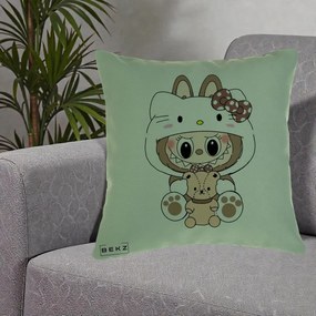 Perna Personalizata Labubu x Hello Kitty Maro-Vintage, 40x40 cm, Verde, Husa Detasabila, Perna Inclusa, BEKZ®