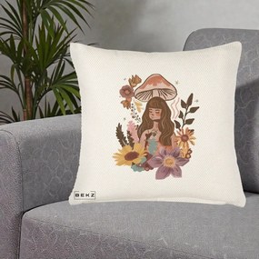 Perna Decorativa Fata Ciuperca Boho Florala, 40x40 cm, Crem Reliefat, Husa Detasabila, Perna Inclusa, BEKZ®