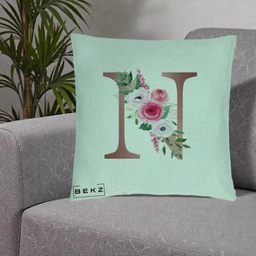 Cadou Personalizat - Perna Personalizata Monograma Rose Gold Litera N, 40x40 cm, Verde Menta, Husa Detasabila, Perna Inclusa, BEKZ®