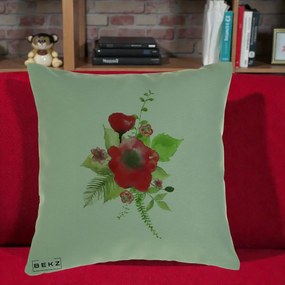 Perna Decorativa Buchet Rosu Acuarela, 40x40 cm, Verde, Husa Detasabila, Perna Inclusa, BEKZ®