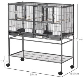 PawHut Colivie Dubla pentru Pasari din Metal cu Tavi Detasabile Suport cu 4 Roti si Raft,95x45.5x102cm, Neagra Gri | Aosom Romania