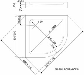 Cădiță de duș acrilică curbată XN 90 90x90 cm