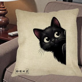 Perna Decorativa Pisica Neagra Dragalasa Curioasa, 40x40 cm, Crem, Husa Detasabila, Perna Inclusa, BEKZ®