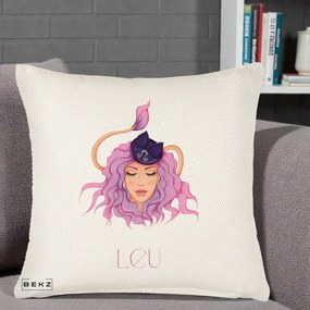 Perna Personalizata Zodie Leu, 40x40 cm, Crem Reliefat, Husa Detasabila, Perna Inclusa, BEKZ®