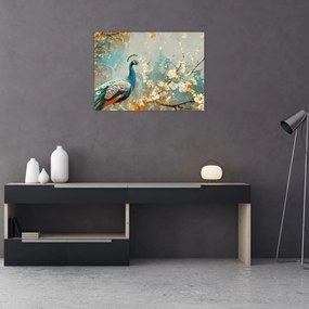 Tablou pe sticlă - Păun cu decor de aur (70x50 cm)