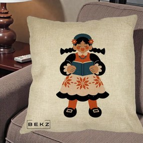 Perna Personalizata Fetita cu Carte Ilustratie Folk, 40x40 cm, Crem, Husa Detasabila, Perna Inclusa, BEKZ®