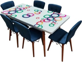 Set masa extensibila picioare lemn, blat sticla securizata +6 scaune tapitate Fusion Homs albastru 80x 170 cm